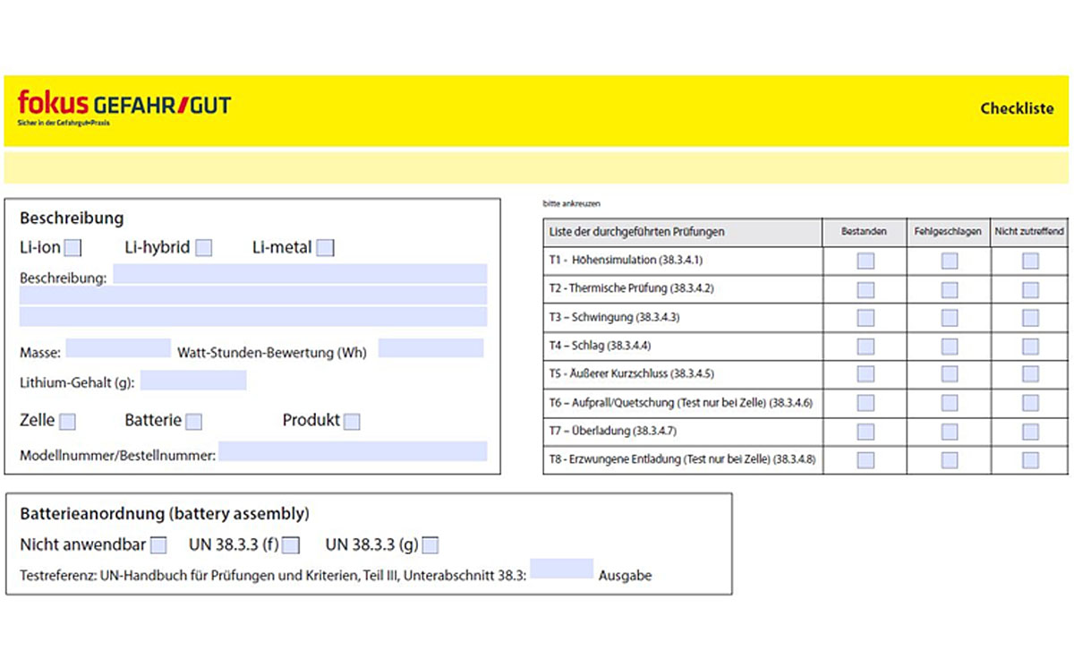 Checkliste Prüfzusammenfassung Lithiumbatterie